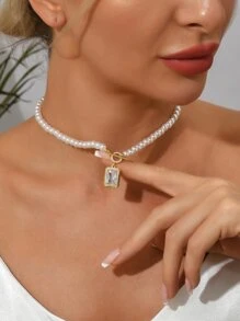 Cubic Zirconia Geometric Charm Beaded OT Buckle Necklace - White - View 4