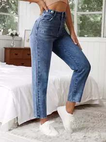 SHEIN Essnce High Waist Cat Scratch Mom Fit Jeans - Medium Wash - View 3