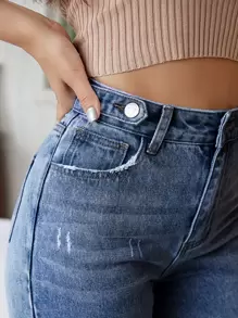 SHEIN Essnce High Waist Cat Scratch Mom Fit Jeans - Medium Wash - View 5