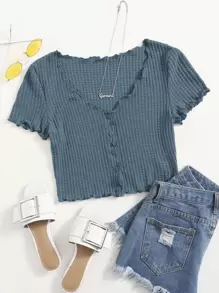 SHEIN EZwear Lettuce Trim Button Front Tee - Dusty Blue - View 1