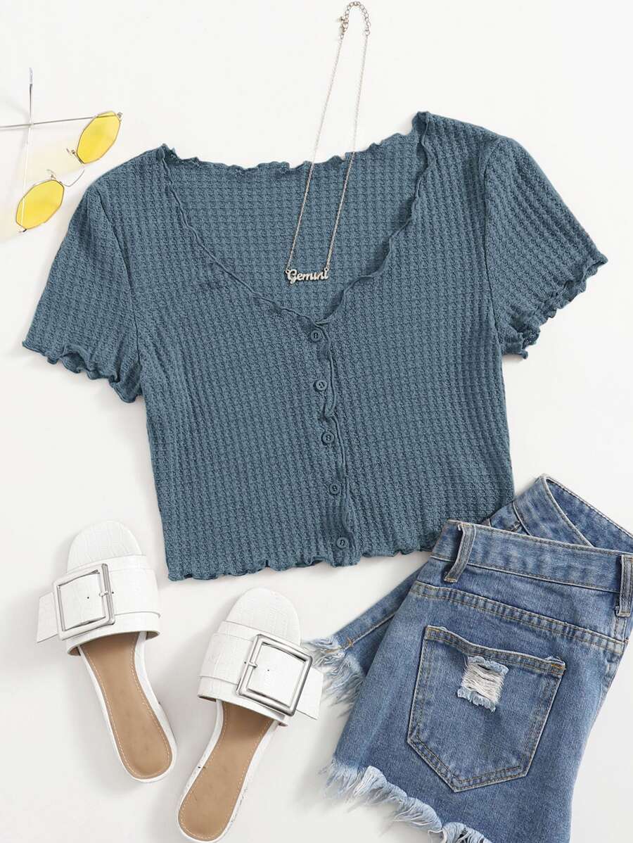 SHEIN EZwear Lettuce Trim Button Front Tee - Dusty Blue - View 1