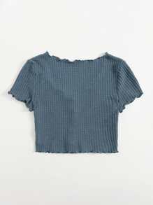 SHEIN EZwear Lettuce Trim Button Front Tee - Dusty Blue - View 2