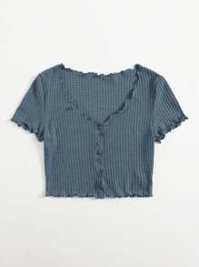 SHEIN EZwear Lettuce Trim Button Front Tee - Dusty Blue - View 3