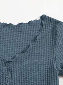SHEIN EZwear Lettuce Trim Button Front Tee - Dusty Blue - View 4
