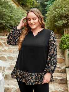 EMERY ROSE Blusa con estampado floral de manga farol bajo con fruncido - Negro - Ver 4