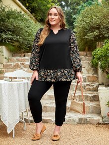 EMERY ROSE Blusa con estampado floral de manga farol bajo con fruncido - Negro - Ver 3
