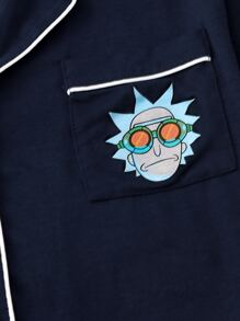 Rick and Morty | ROMWE Conjunto de pijama con estampado de dibujos animados unido en contraste - Azul Marino - Ver 3