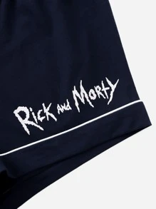 Rick and Morty | ROMWE Conjunto de pijama con estampado de dibujos animados unido en contraste - Azul Marino - Ver 4