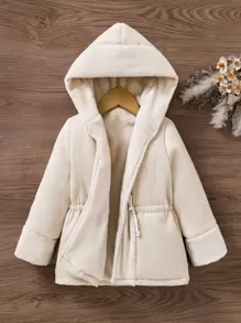 Toddler Girls Drawstring Waist Hooded Teddy Lined Parka Coat - Apricot - View 1