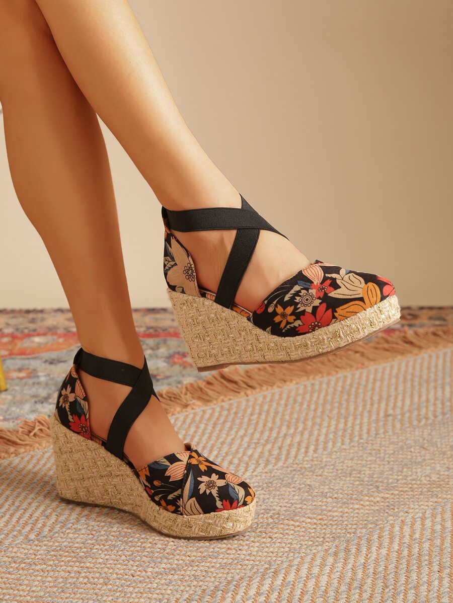 Faux Suede Floral Pattern Ankle Strap Wedge Court Shoes - Multicolor - View 1