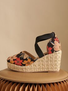 Faux Suede Floral Pattern Ankle Strap Wedge Court Shoes - Multicolor - View 2