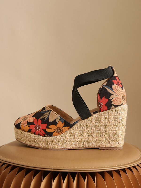 Faux Suede Floral Pattern Ankle Strap Wedge Court Shoes SHEIN USA