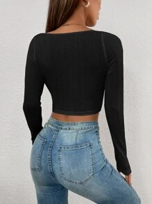 SHEIN Privé Solid Sweetheart Neck Crop Tee - Black - View 3