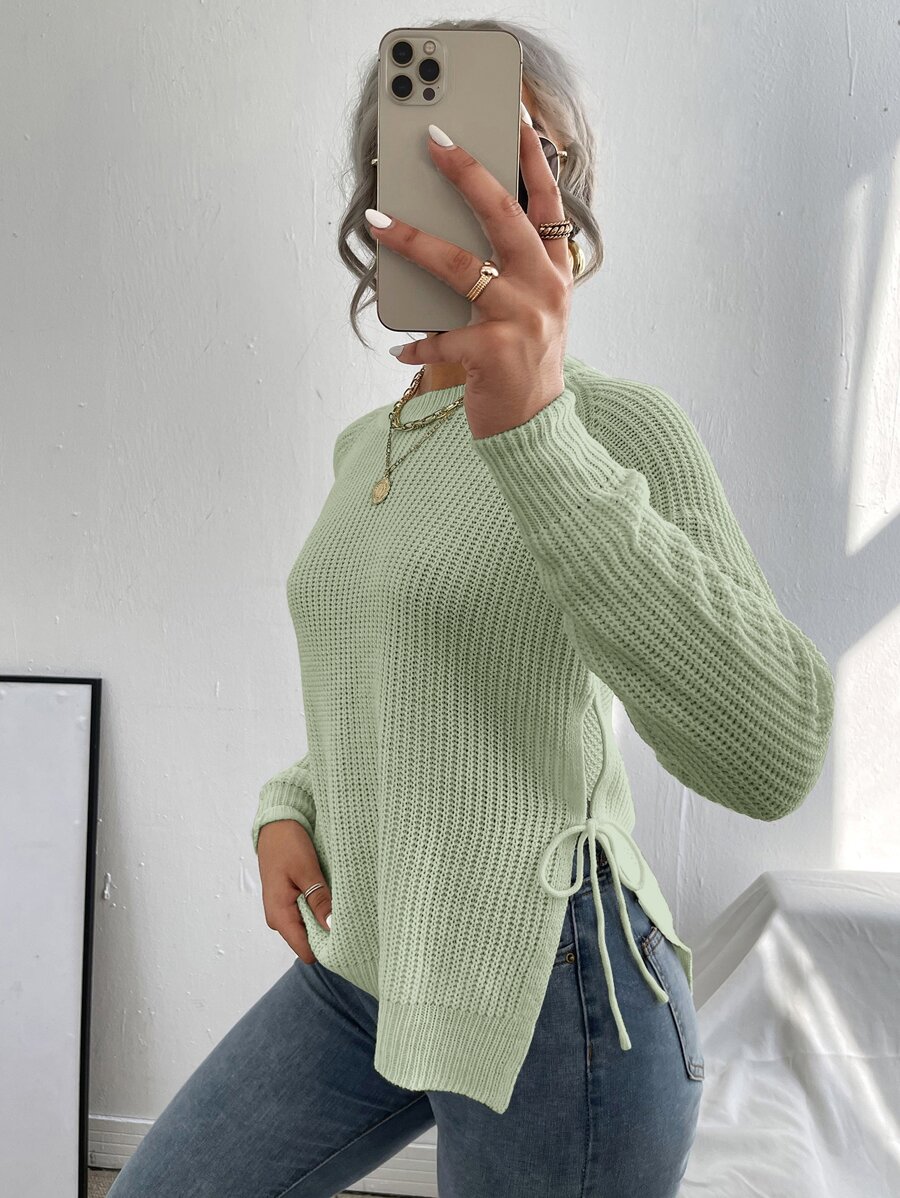 EMERY ROSE Split Knot Side Raglan Sleeve Sweater,Long Sleeve Tops Knit Pullover Fall Winter Outfit