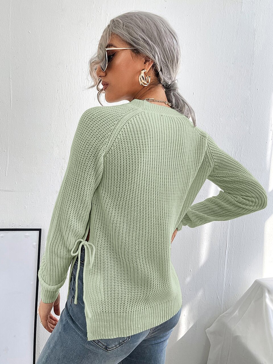 Split Knot Side Raglan Sleeve Sweater,Long Sleeve Tops Knit Pullover Fall Winter