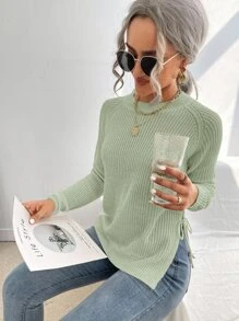 EMERY ROSE Split Knot Side Raglan Sleeve Sweater,Long Sleeve Tops Knit Pullover Fall Winter Outfit