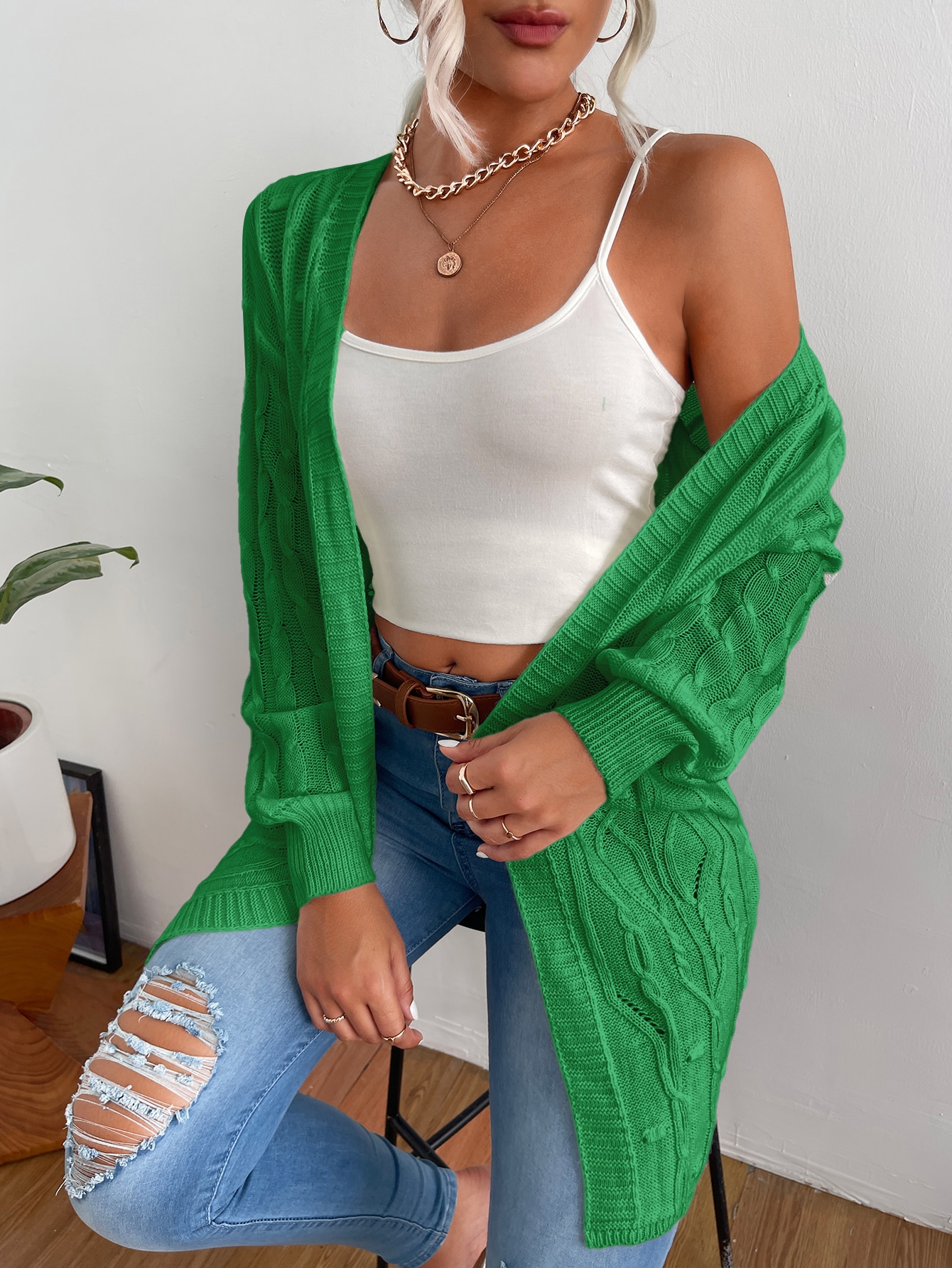 SHEIN LUNE Cable Knit Drop Shoulder Duster Cardigan SHEIN USA