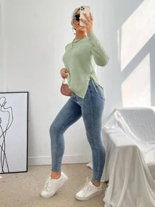 EMERY ROSE Split Knot Side Raglan Sleeve Sweater,Long Sleeve Tops Knit Pullover Fall Winter Outfit