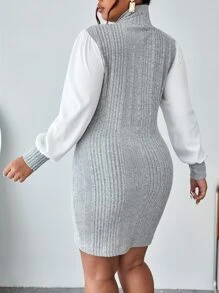 SHEIN Privé فستان 2 في 1 عنق عالي اكمام منتفخة بدون حزام مقاس كبير - رمادي فاتح - مشاهدة 2