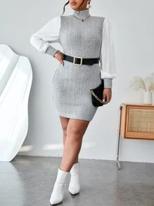 SHEIN Privé فستان 2 في 1 عنق عالي اكمام منتفخة بدون حزام مقاس كبير - رمادي فاتح - مشاهدة 3