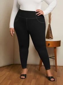 SHEIN CURVE+ Plus High Waist Top-stitching Leggings - Black - View 1