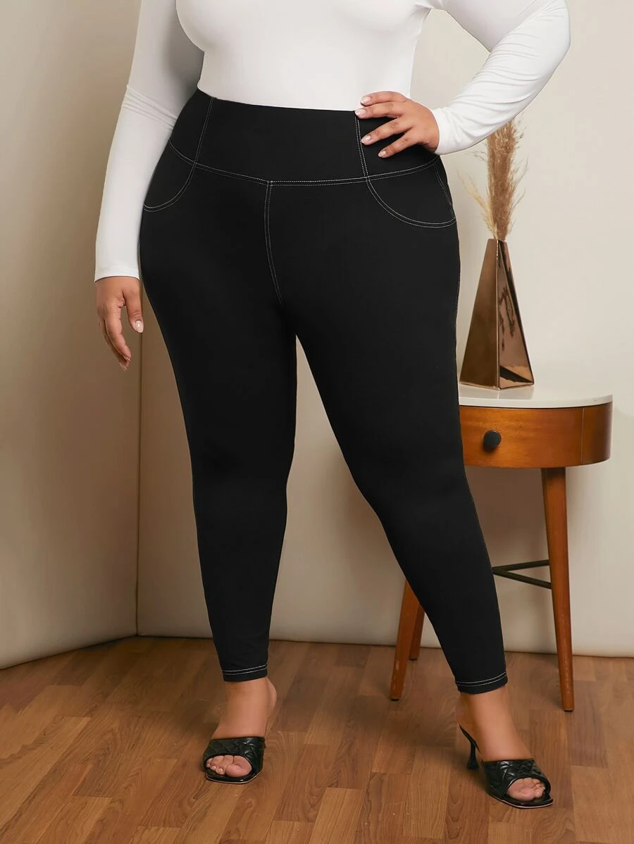 SHEIN CURVE+ Plus High Waist Top-stitching Leggings - Black - View 1