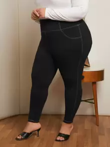 SHEIN CURVE+ Plus High Waist Top-stitching Leggings - Black - View 5