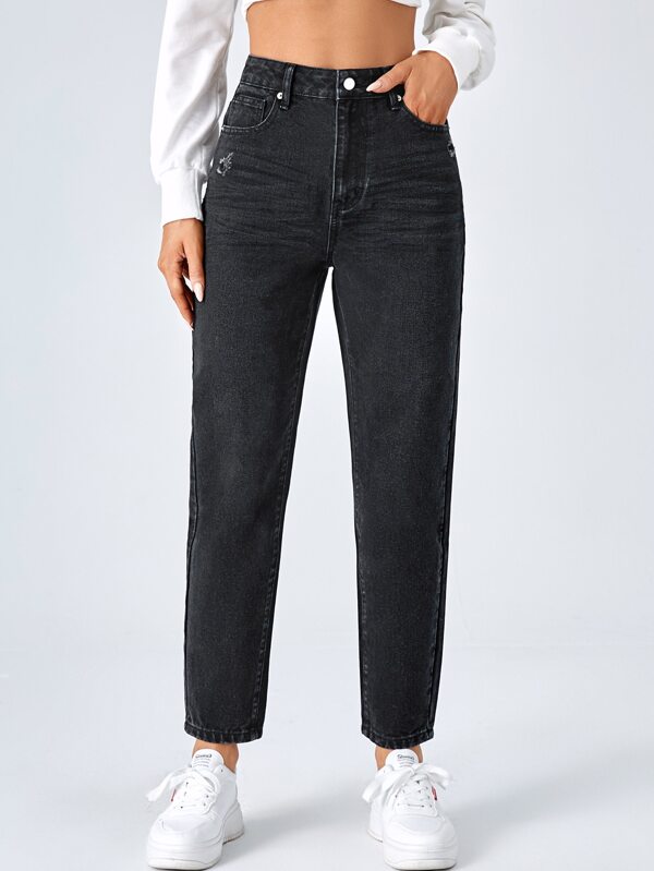 SHEIN EZwear Konische Jeans mit Riss, Reißverschluss