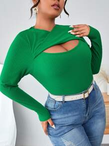 SHEIN Privé 大碼前鏤空T恤 - 綠色 - 查看 3