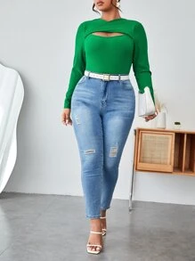 SHEIN Privé 大碼前鏤空T恤 - 綠色 - 查看 5