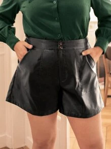 SHEIN Privé Plus High Waist PU Leather Shorts - Black - View 3