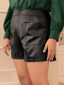 SHEIN Privé Plus High Waist PU Leather Shorts - Black - View 1