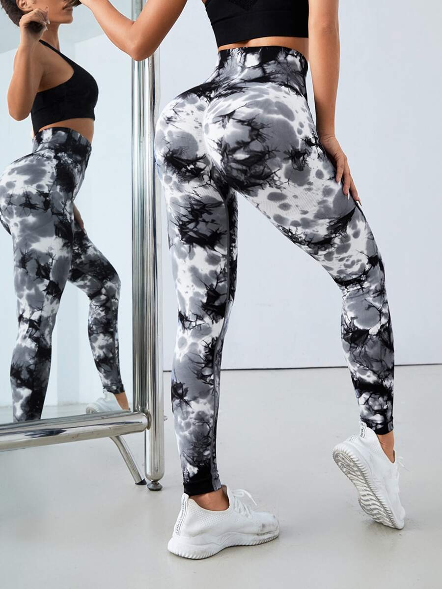 紮染瑜伽打底褲無縫高彈力寬腰帶運動打底褲 - 黑與白 - 查看 1