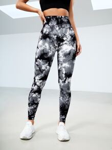 紮染瑜伽打底褲無縫高彈力寬腰帶運動打底褲 - 黑與白 - 查看 4
