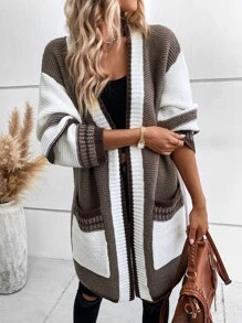 EMERY ROSE Colorblock Dual Pocket Striped Trim Drop Shoulder Duster Cardigan