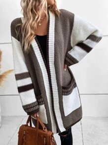 EMERY ROSE Colorblock Dual Pocket Striped Trim Drop Shoulder Duster Cardigan