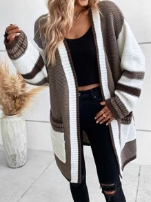 EMERY ROSE Colorblock Dual Pocket Striped Trim Drop Shoulder Duster Cardigan