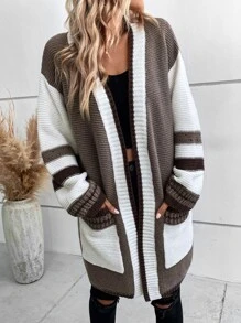 EMERY ROSE Colorblock Dual Pocket Striped Trim Drop Shoulder Duster Cardigan