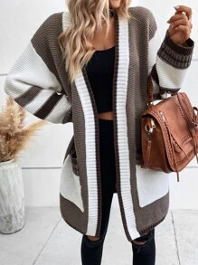 EMERY ROSE Colorblock Dual Pocket Striped Trim Drop Shoulder Duster Cardigan