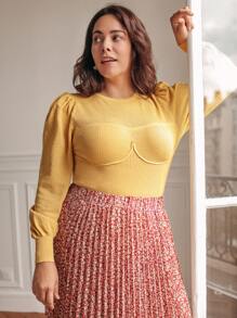 SHEIN Unity Plus Lantern Sleeve Ribbed Knit Jumper - Mustard Yellow - View 2