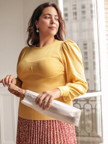 SHEIN Unity Plus Lantern Sleeve Ribbed Knit Jumper - Mustard Yellow - View 3