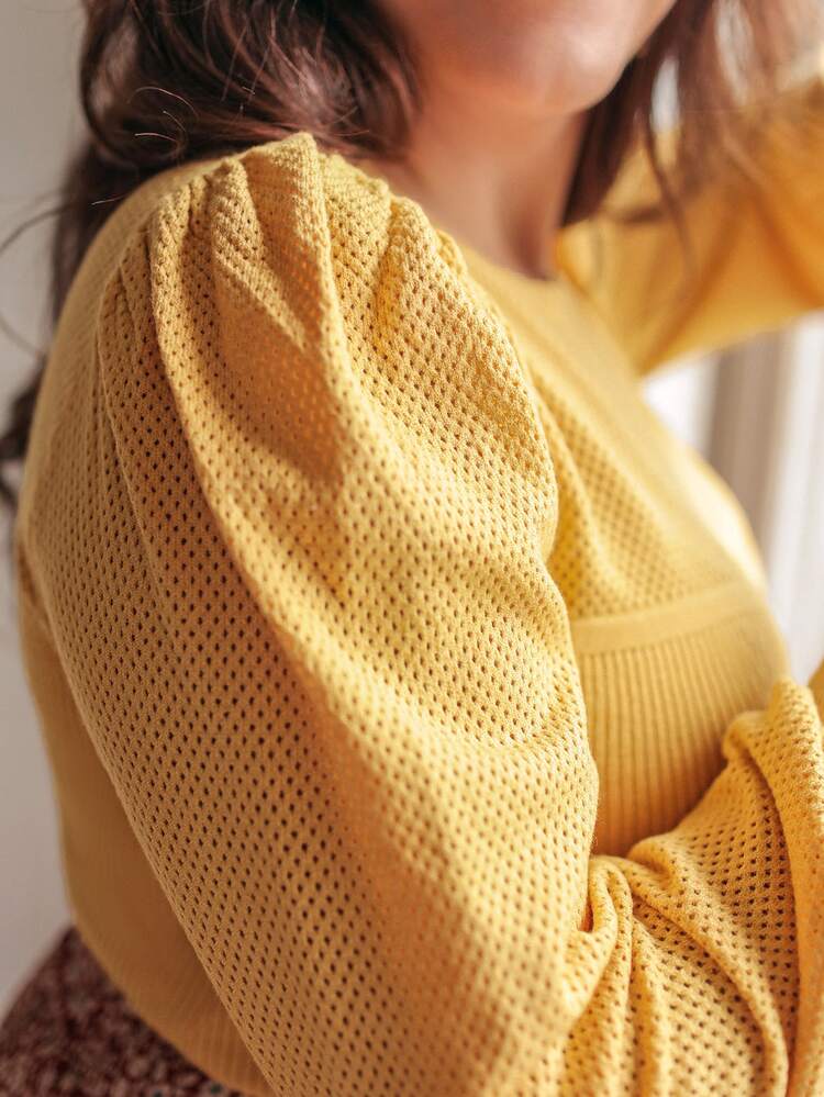 SHEIN Unity Plus Lantern Sleeve Ribbed Knit Sweater - Mustard Yellow - View 5