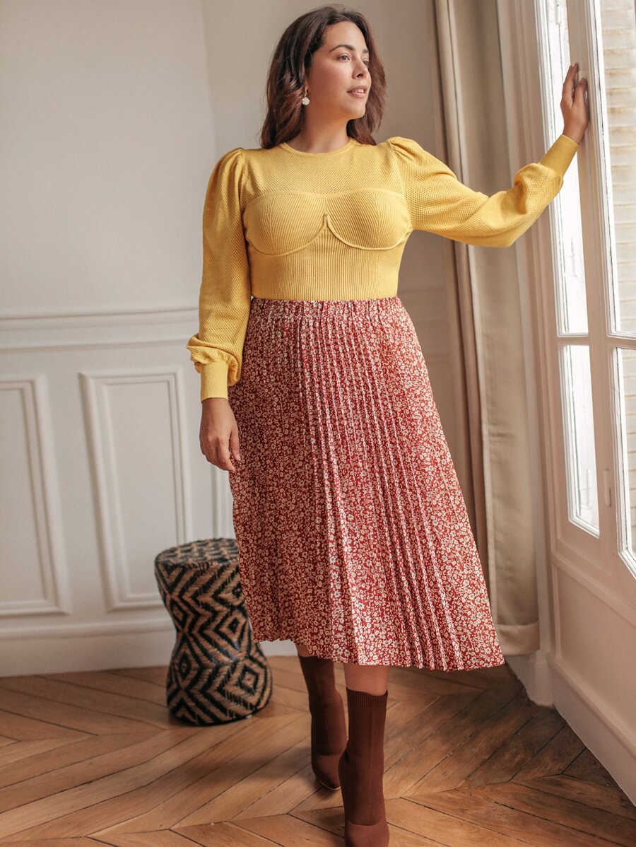 SHEIN Unity Plus Lantern Sleeve Ribbed Knit Jumper - Mustard Yellow - View 1