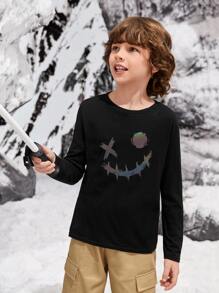 SHEIN Boys Reflective Expression Print Tee - Black - View 8