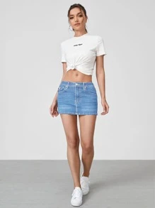 SHEIN EZwear 拉鏈門襟牛仔半身裙 - 淺色水洗藍 - 查看 3