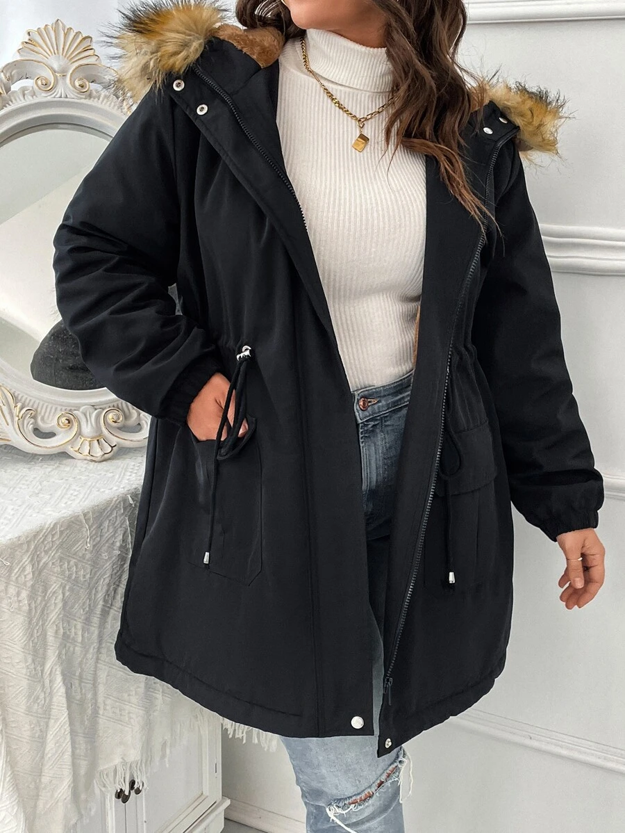 SHEIN LUNE Plus Dây rút eo Fuzzy Trim trùm đầu Parka áo khoác đệm quần áo mùa đông - màu đen - Xem 1