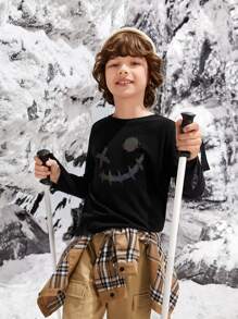 SHEIN Boys Reflective Expression Print Tee - Black - View 9