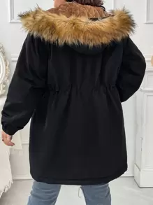 SHEIN LUNE Plus Dây rút eo Fuzzy Trim trùm đầu Parka áo khoác đệm quần áo mùa đông - màu đen - Xem 2