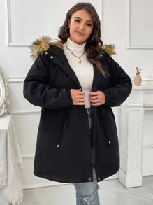 SHEIN LUNE Plus Dây rút eo Fuzzy Trim trùm đầu Parka áo khoác đệm quần áo mùa đông - màu đen - Xem 3