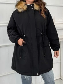 SHEIN LUNE Plus Dây rút eo Fuzzy Trim trùm đầu Parka áo khoác đệm quần áo mùa đông - màu đen - Xem 6